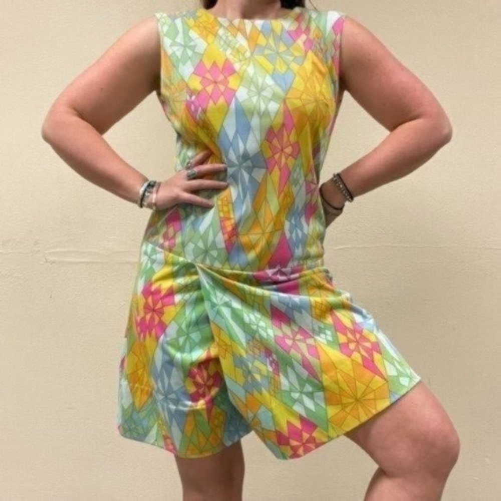 PRICE FIRM Vintage 70s Bright Multicolored Romper Skort Dress | Size L/XL - Picture 1 of 12